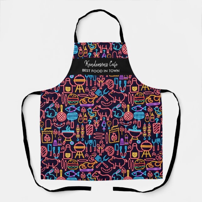 Funny Neon BBQ Food Pattern Custom Chef Cafe Name Apron (Front)