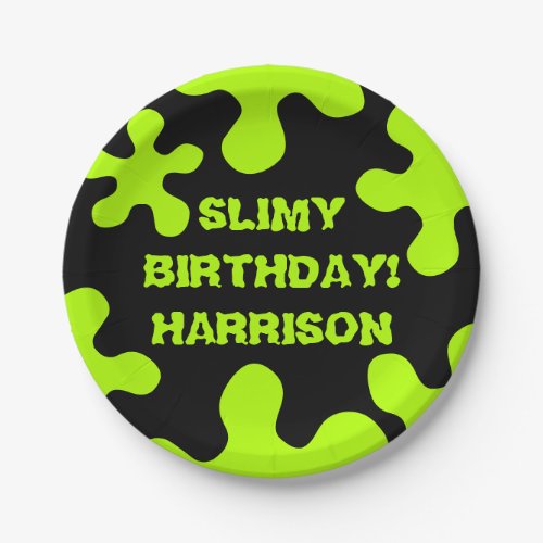 Funny neon green slime custom name birthday paper plates