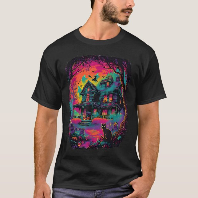 Funny Neon S Ghost Black Cat Witch Halloween  T-Shirt (Front)