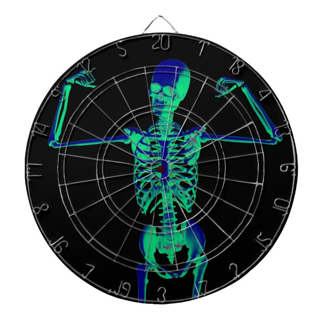 Funny Neon Turquoise Black Skeleton Halloween Dartboard With Darts (Front)