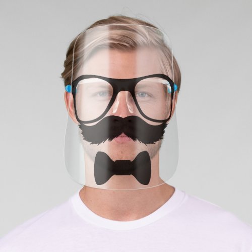 Funny Nerd with Mustache Glasses and BowTie Face Shield