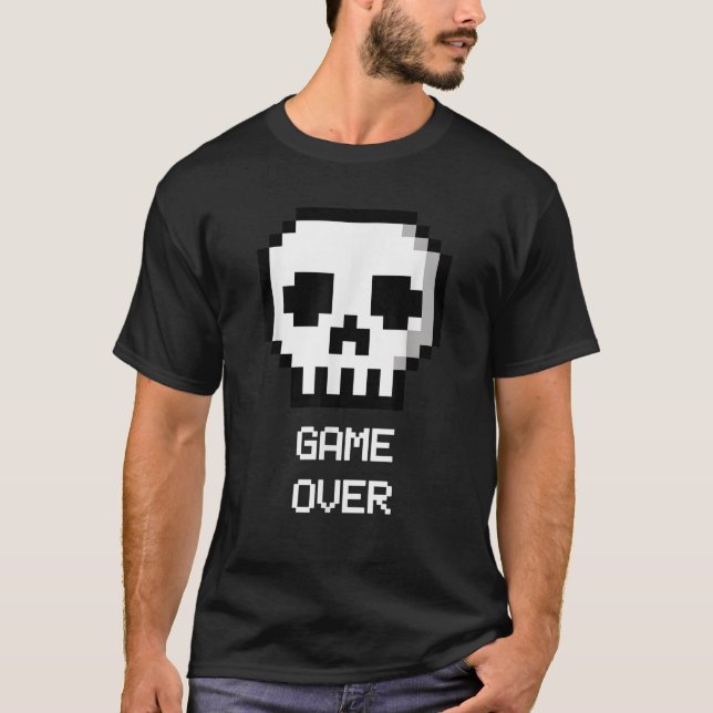 Funny Nerdy 8 bit skull Game Over Video Game Compu T-Shirt (Front)