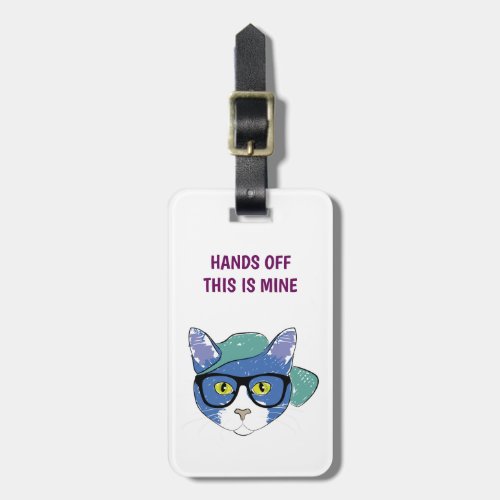 Funny Nerdy Hipster Cat with Glasses Hands Off Luggage Tag