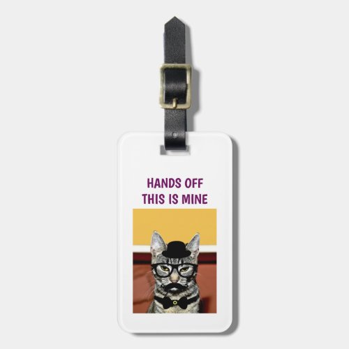 Funny Nerdy Hipster Cat with Glasses Hands Off Luggage Tag