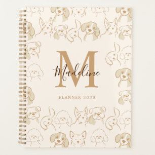 Funny Neutral Pop Dog Pattern Elegant Monogram Planner
