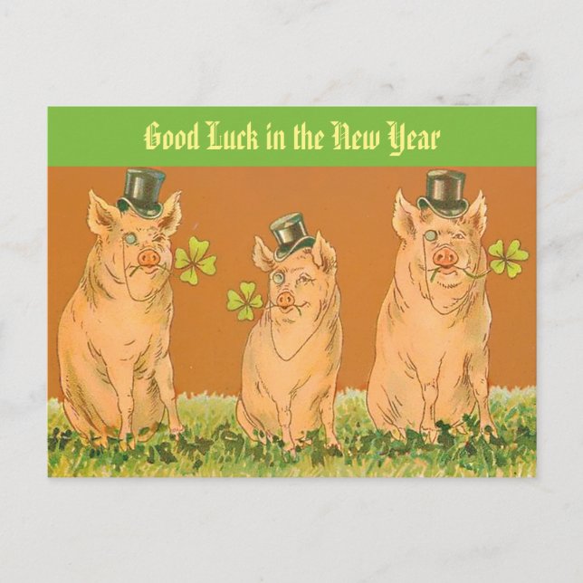 Funny New Year Pigs "Good Luck in the New Year" Postcard (Front)