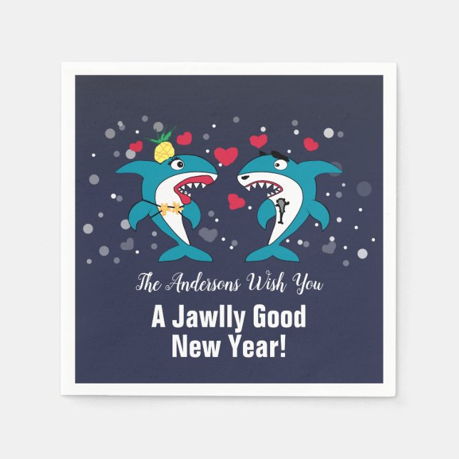 Funny New Year Sharks Family Name Navy Napkins (Front)
