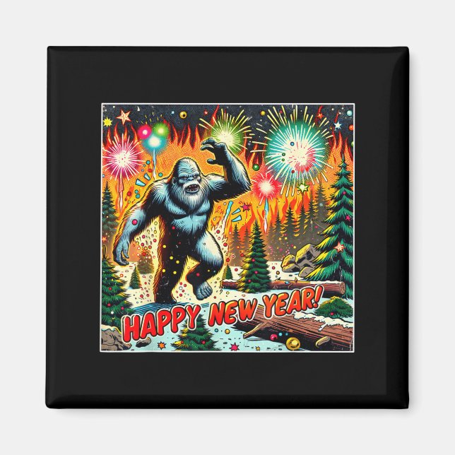Funny New Years Eve 2024 Bigfoot And Fireworks Hum Magnet (Front)