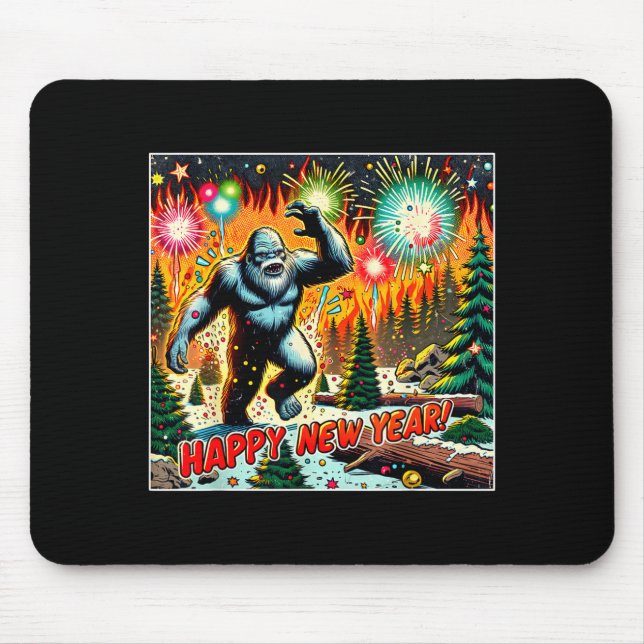 Funny New Years Eve 2024 Bigfoot And Fireworks Hum Mouse Pad (Front)