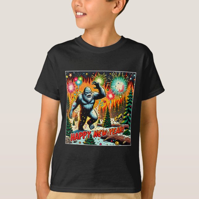 Funny New Years Eve 2024 Bigfoot And Fireworks Hum T-Shirt (Front)