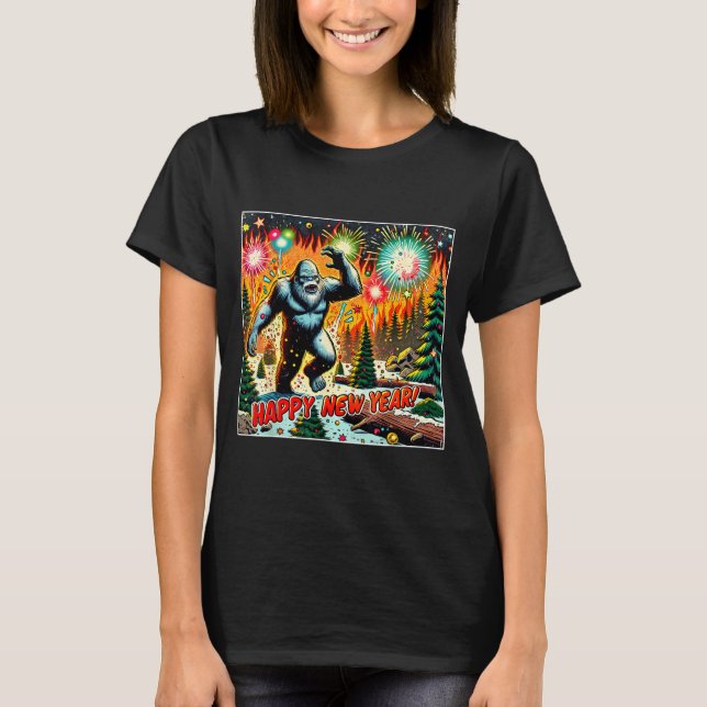 Funny New Years Eve 2024 Bigfoot And Fireworks Hum T-Shirt (Front)