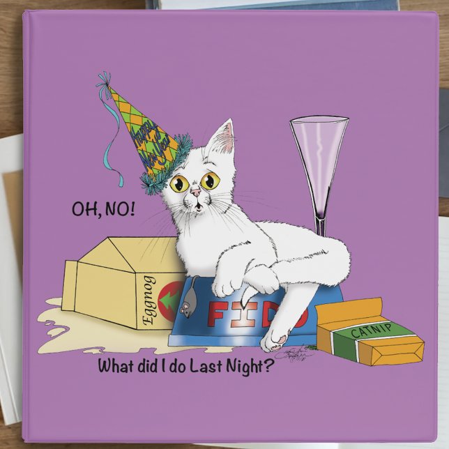 Funny New Year's Eve Aftermath White Cat 3 Ring Binder (Creator Uploaded)