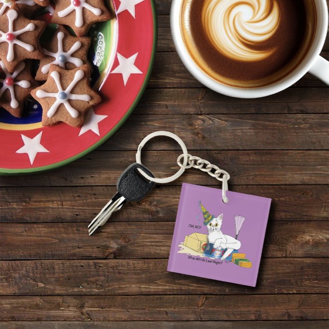 Funny New Year's Eve Aftermath White Cat Keychain (Creator Uploaded)