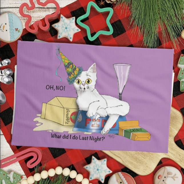 Funny New Year's Eve Aftermath White Cat Kitchen Towel (Creator Uploaded)