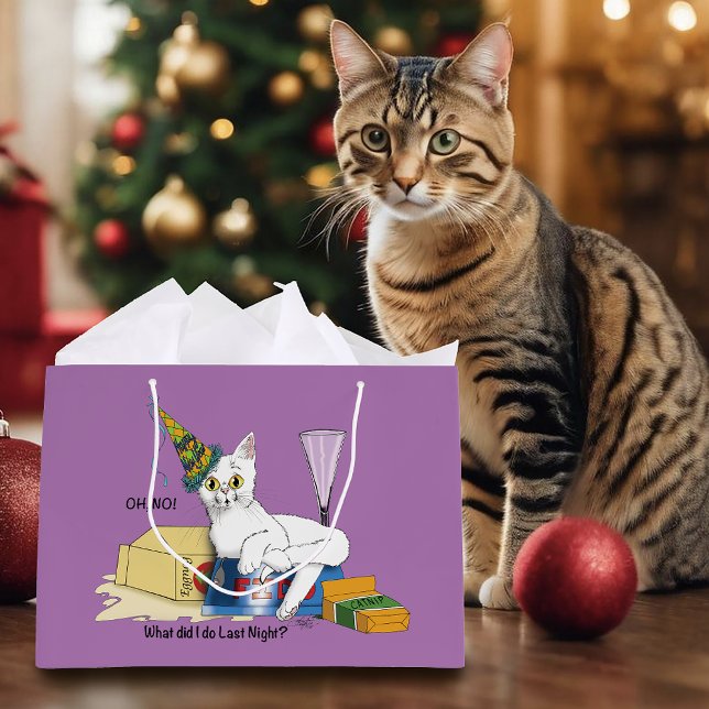 Funny New Year's Eve Aftermath White Cat Large Gift Bag (Creator Uploaded)
