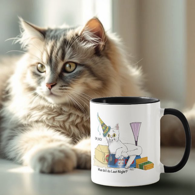 Funny New Year's Eve Aftermath White Cat Mug (Creator Uploaded)