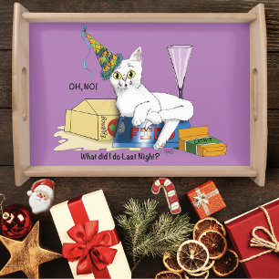 Funny New Year's Eve Aftermath White Cat Serving Tray