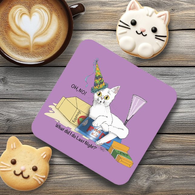 Funny New Year's Eve Aftermath White Cat Square Paper Coaster (Creator Uploaded)