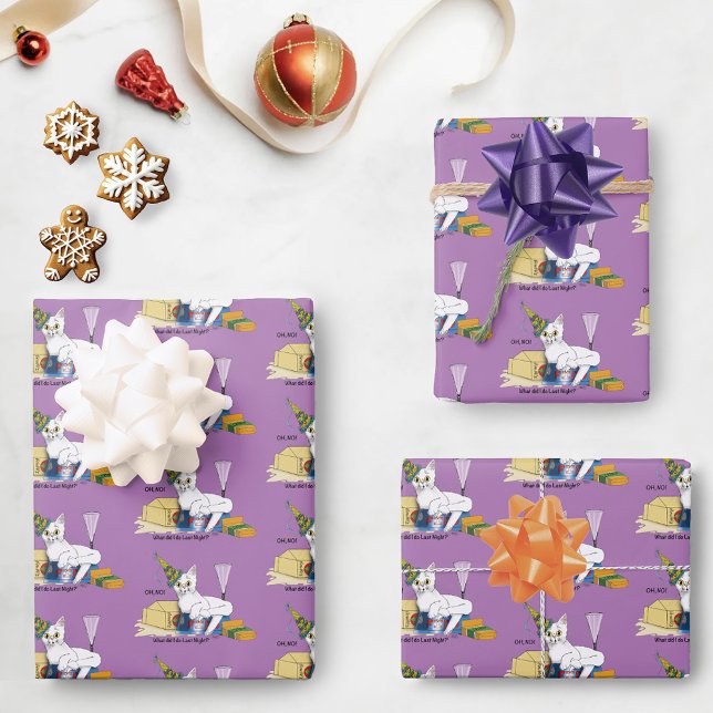 Funny New Year's Eve Aftermath White Cat Wrapping Paper Sheets (Creator Uploaded)
