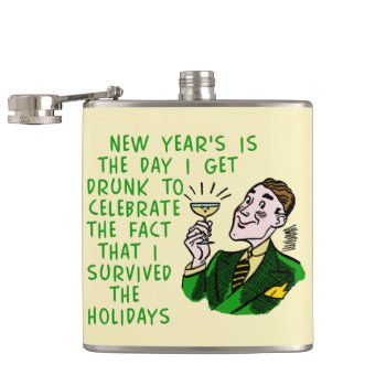Funny New Years Retro Drinking Man With Champagne Hip Flask by FunnyTShirtsAndMore at Zazzle