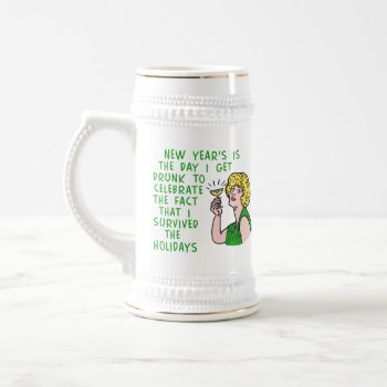 Funny New Years Retro Drinking Woman Champagne Beer Stein by FunnyTShirtsAndMore at Zazzle