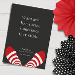 Funny New Years Socks Red Black Holiday Card<br><div class="desc">2020 has had its challenges. This New Year photo greeting card will bring a smile to the faces of your family and friends. The greeting,  'Years are like socks. Sometimes they stink.' 'Wishing you a fresh new year.'</div>