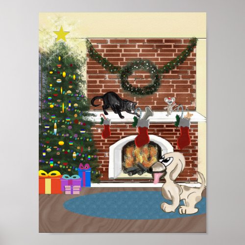Funny Night Before Christmas Dog Cat Illustration Poster