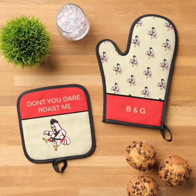 funny ninja chicken saying oven mitt & pot holder set (Top Down)