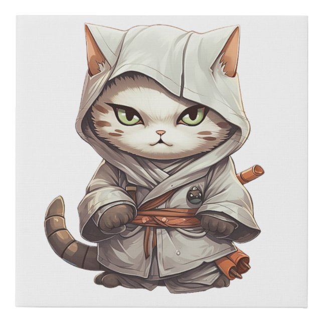 Funny Ninja Tan and White Tabby Cat Faux Canvas Print (Front)