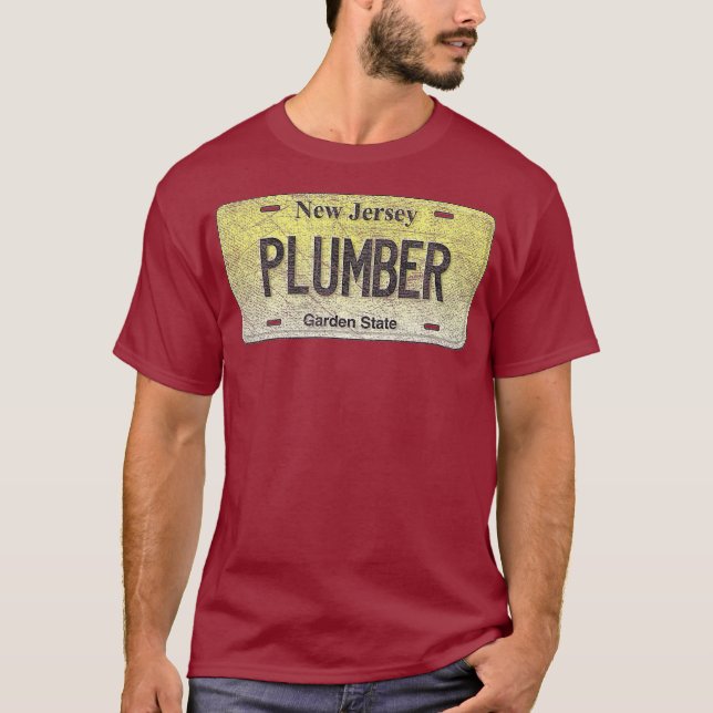 Funny NJ State Vanity License Plate PLUMBER T-Shirt (Front)