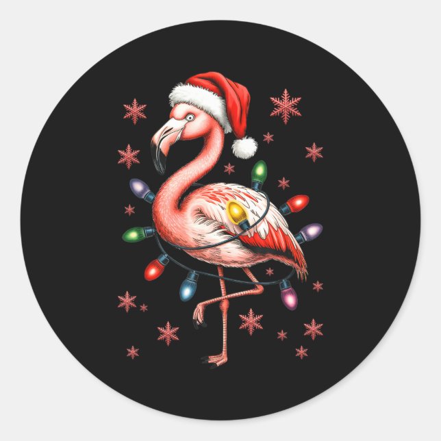 Funny Nk Flamingo Christmas Tree Lights Xmas Snowf Classic Round Sticker (Front)