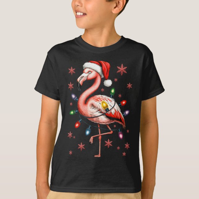 Funny Nk Flamingo Christmas Tree Lights Xmas Snowf T-Shirt (Front)
