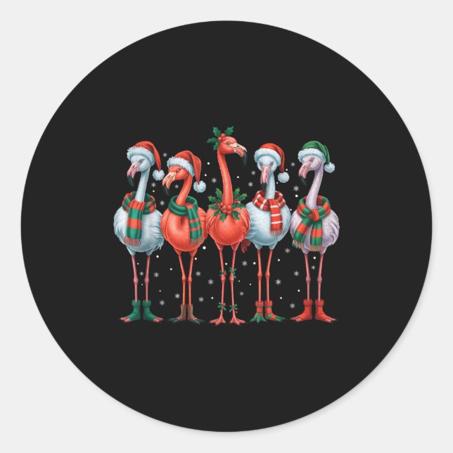 Funny Nk Flamingos Merry Christmas Tree Xmas Snowf Classic Round Sticker (Front)