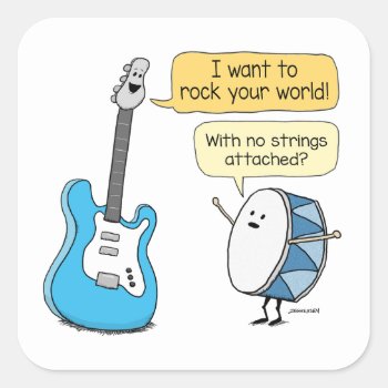Funny No Strings Attached Guitar With Drum  Square Sticker by chuckink at Zazzle