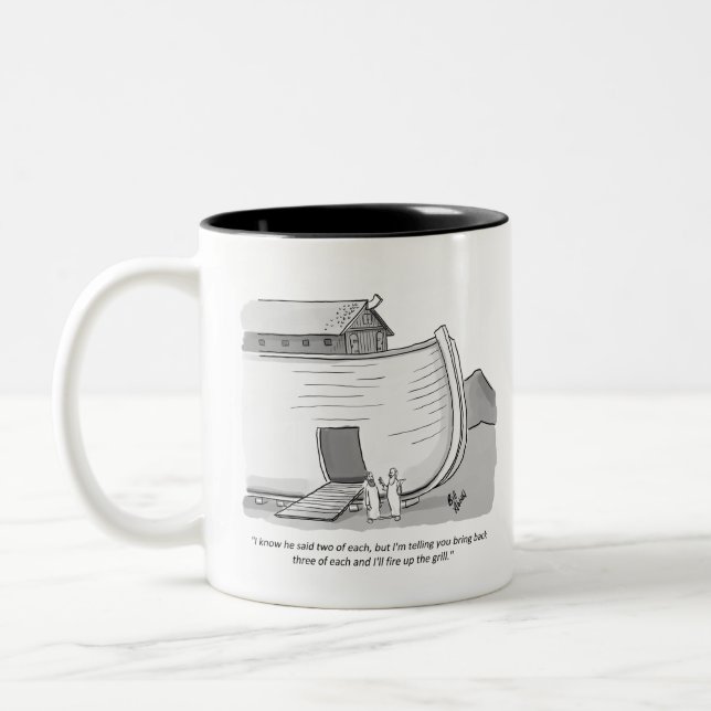 Funny Noah's Ark Grill Cartoon Humor Two-Tone Coffee Mug (Left)
