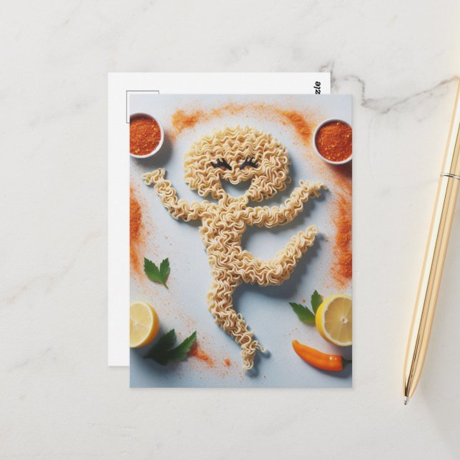 Funny Noodle Person Food Art Postcard (Front/Back In Situ)