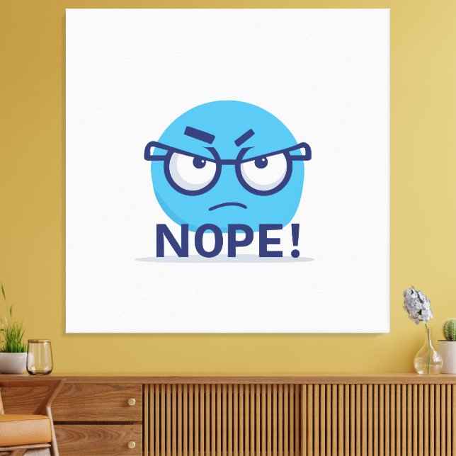 Funny Nope Emoji – Blue Angry Face with Glasses Canvas Print (Insitu(LivingRoom))