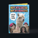 Funny Not My Circus, Not My Monkeys Birthday Llama Card<br><div class="desc">This llama is surrounded by monkeys! The card says,  "Not my circus. Not my monkeys." The llama is saying,  "Not my probllama!" A little play on words. Inside the card says,  "It's YOUR circus and YOUR monkeys! Happy Birthday!</div>