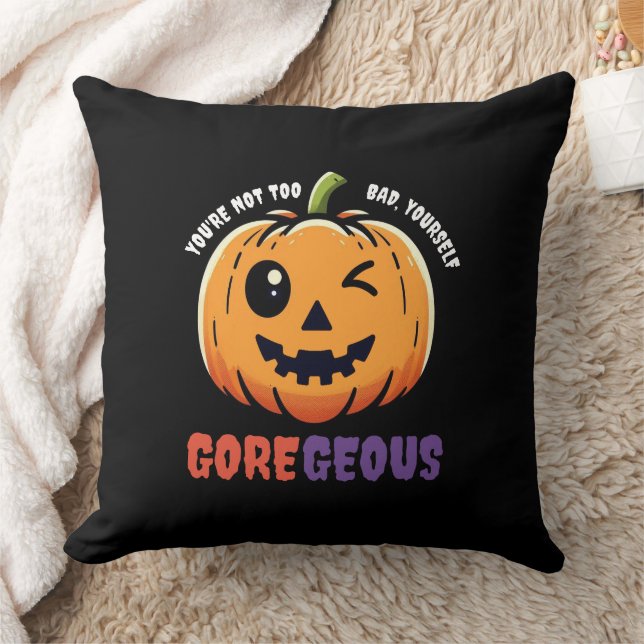 Funny Not Too Bad Gore-Geous Cute Winking Pumpkin Throw Pillow (Blanket)