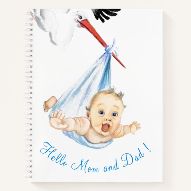 Funny Notebook Stork Carrying Baby - Custom Text (Front)