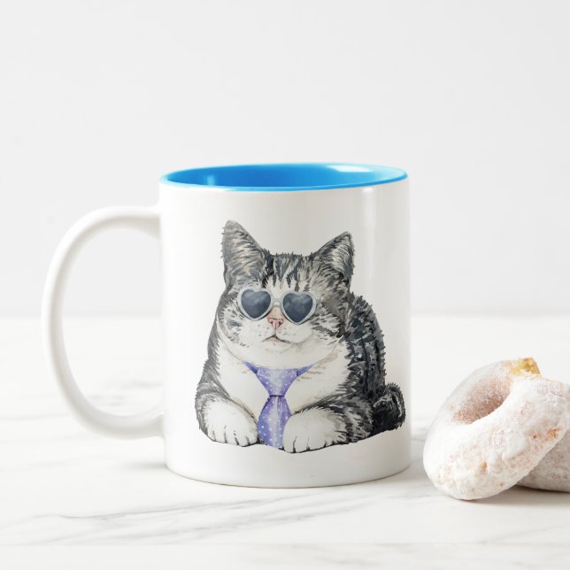 Funny novelty I work hard for my cat Two-Tone Coffee Mug (With Donut)