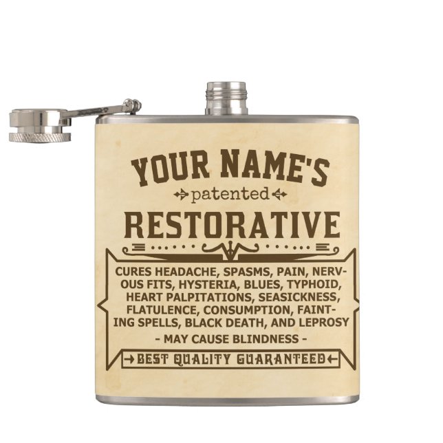 Funny Novelty Personalized Cure-All Vintage 2 Flask (Opened)