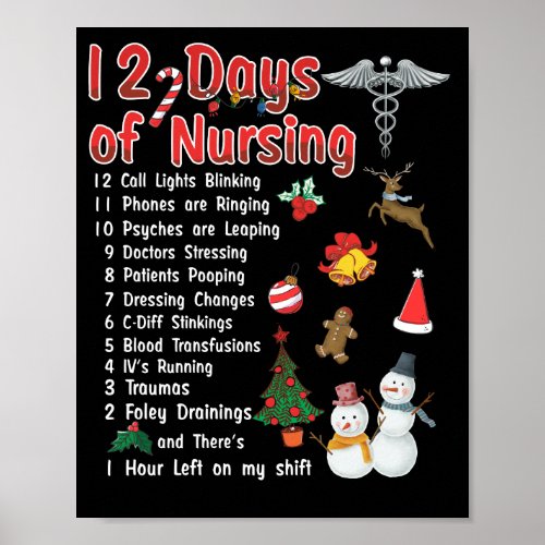 FUNNY NURSE 12 DAYS OF NURSING T SHIRT CHRISTMAS POSTER