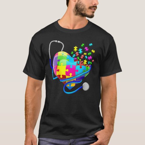 Funny Nurse Autism Puzzle Stethoscope Heart 4 T_Shirt