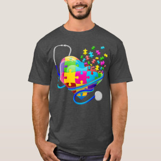 Funny Nurse Autism Puzzle Stethoscope Heart  (4) T-Shirt