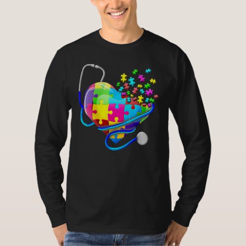 Funny Nurse Autism Puzzle Stethoscope Heart 4 T_Shirt