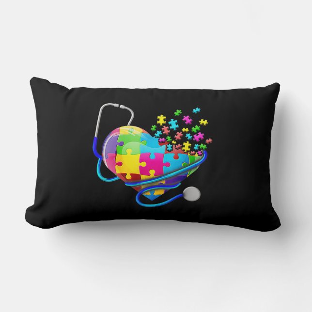 Funny Nurse Autism Puzzle Stethoscope Heart T-Shir Lumbar Pillow (Front)