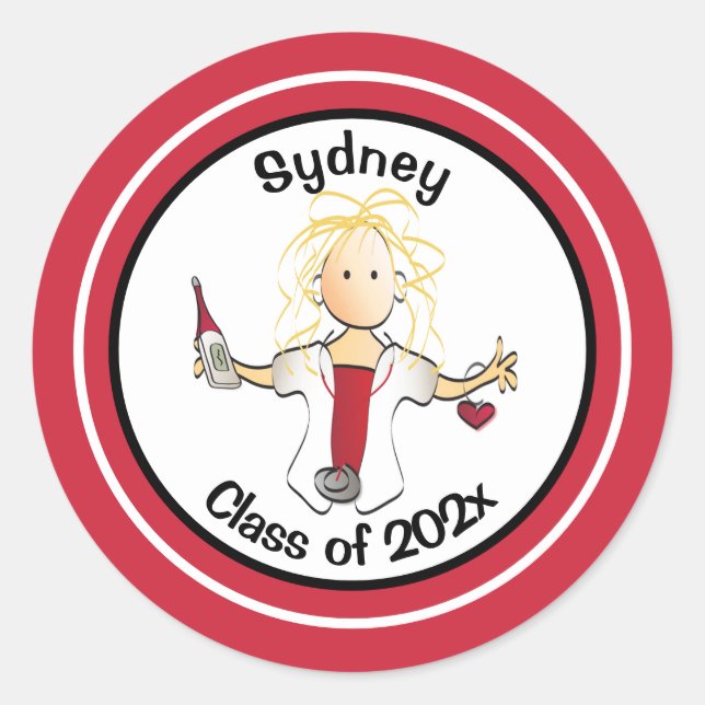 Funny Nurse Cartoon Red Black Graduation Class of Classic Round Sticker (Front)
