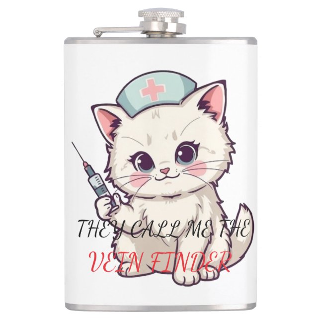 Funny Nurse Cat The Vein Finder Personalized Flask (Front)