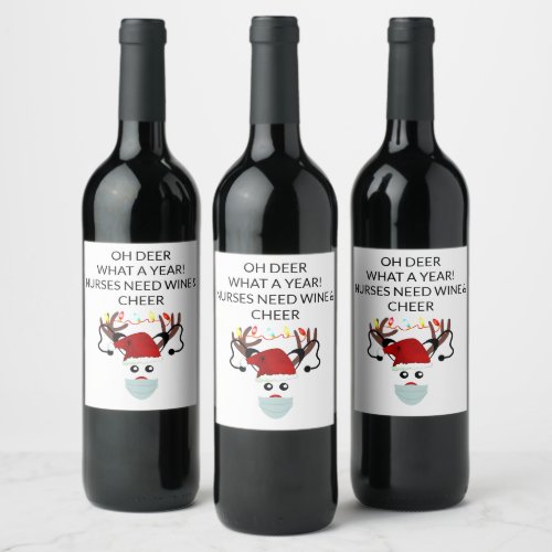 Funny Nurse Christmas Covid Face Mask Reindeer Wine Label